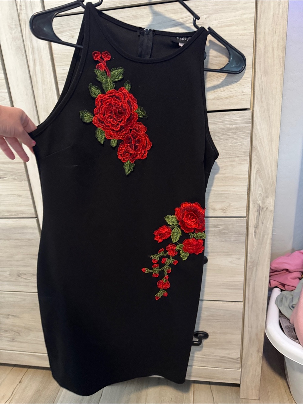 Black Sleeveless Dress with Red Rose Embroidery